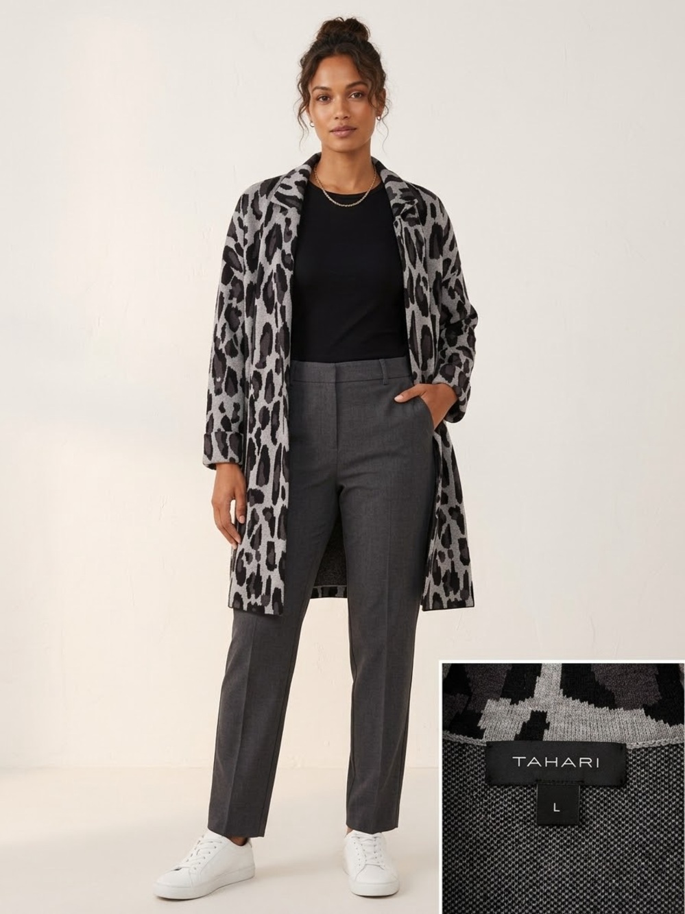 T Tahari Leopard Print Long Cardigan Sweater Gray Black L